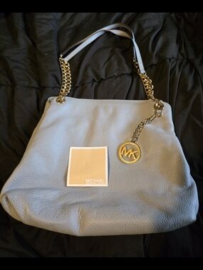 Michael Kors Powder Blue Pebbled Leather Shoulder Tote with Gold Hardware